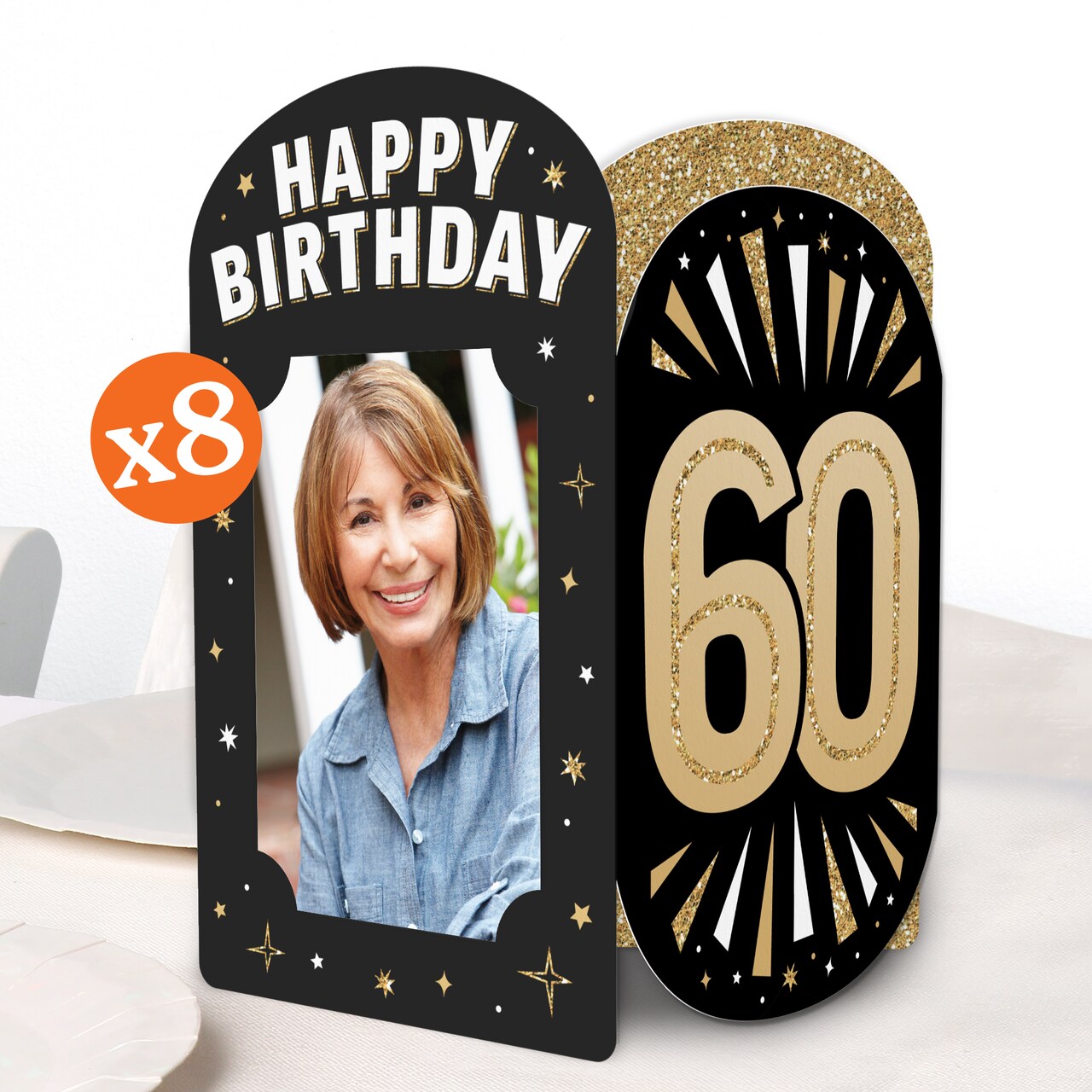 Big Dot of Happiness 60th Birthday Photo Holder Centerpieces, 4x6 Picture Display Box, Black & Gold Table Decoration for Adult Birthday Decor, 8 Count